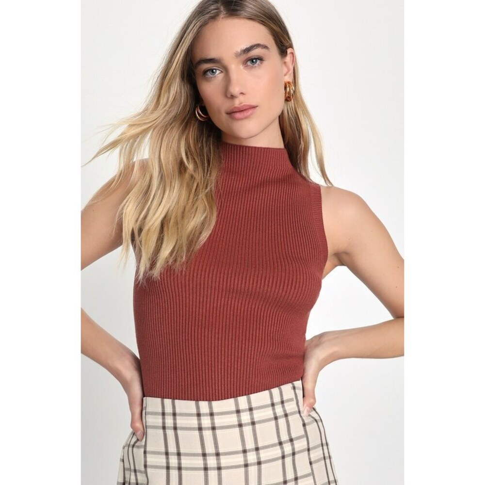 Lulus Seasonal Sophistication Rust Ribbed Mock Neck Sweater Tank Top Brown
